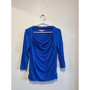 Ellen Tracy Women's Shirt Blue Size S 3/4 Sleeve Stretch Swoop Neck Pullover Top